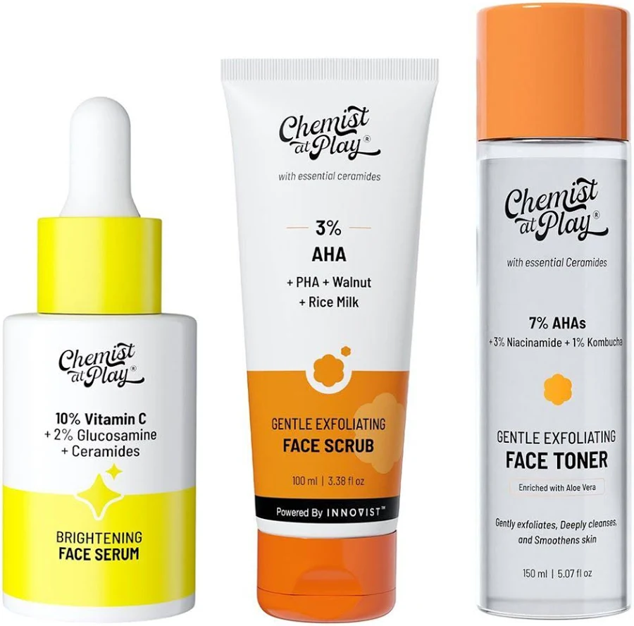 Chemist at Play Face Serum - 30ml, Exfoliating Face Toner - 150ml & Face Scrub - 100ml